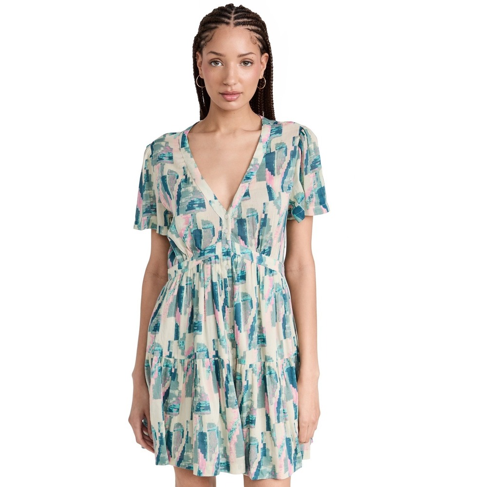 ba&sh Turquoise Pink Talita Deep V Abstract Mini Dress In Blue‎ - Xs